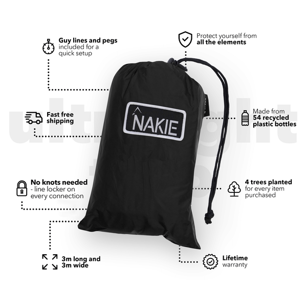 Black ultralight tarp with white NAKIE logo and drawstring bag, shown with setup guide callouts