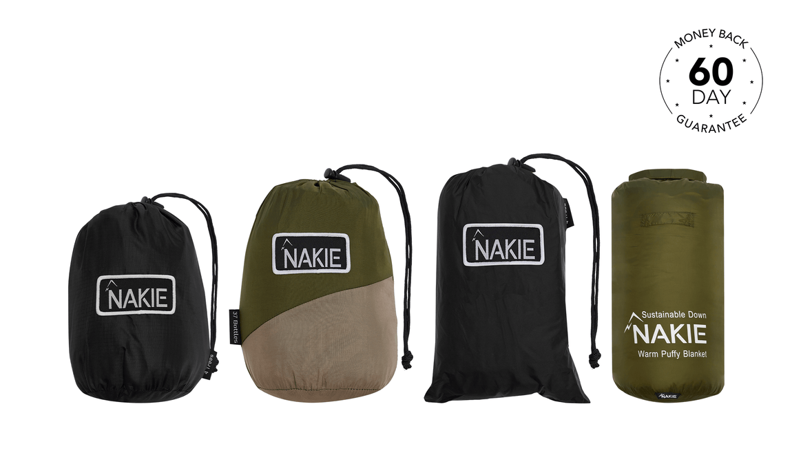 Studio shot presenting the Nakie combo set, featuring a hammock, bug net, and tarp, showcasing its all-in-one solution for outdoor comfort and protection, ideal for camping and backpacking adventures