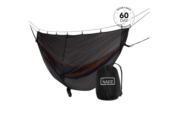 Black camping hammock with integrated brown and navy bug net