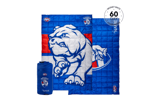Western Bulldogs blue quilted puffy blanket with white bulldog logo and red stripes, displayed unfolded