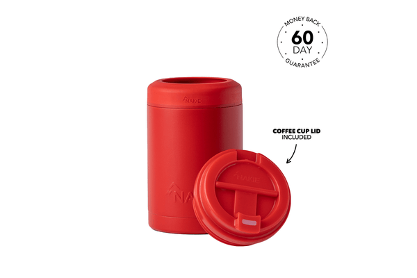 Red insulated coffee cup with matching lid, showing cylindrical container and detachable top with spill-proof design