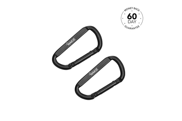 Black aluminum carabiners with snap hooks, set of two, showing branded gate detail