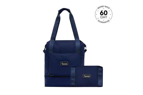 Navy recycled tote bag with dual handles, front pocket, and detachable pouch featuring Nakie branding
