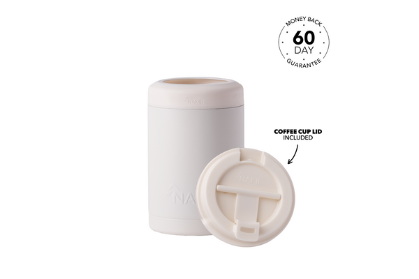 Coastal Cream insulated coffee cup with matching lid displayed separately, showing cream cylindrical cup and round lid with f