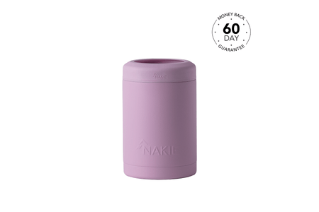 Dusty pink insulated coffee cup lid with Nakie branding, cylindrical design with rounded top rim