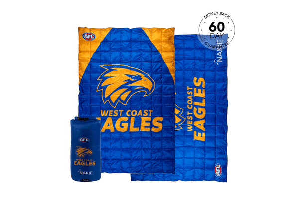 West Coast Eagles blue and gold quilted puffy blanket with eagle logo and team text, shown with matching stuff sack.