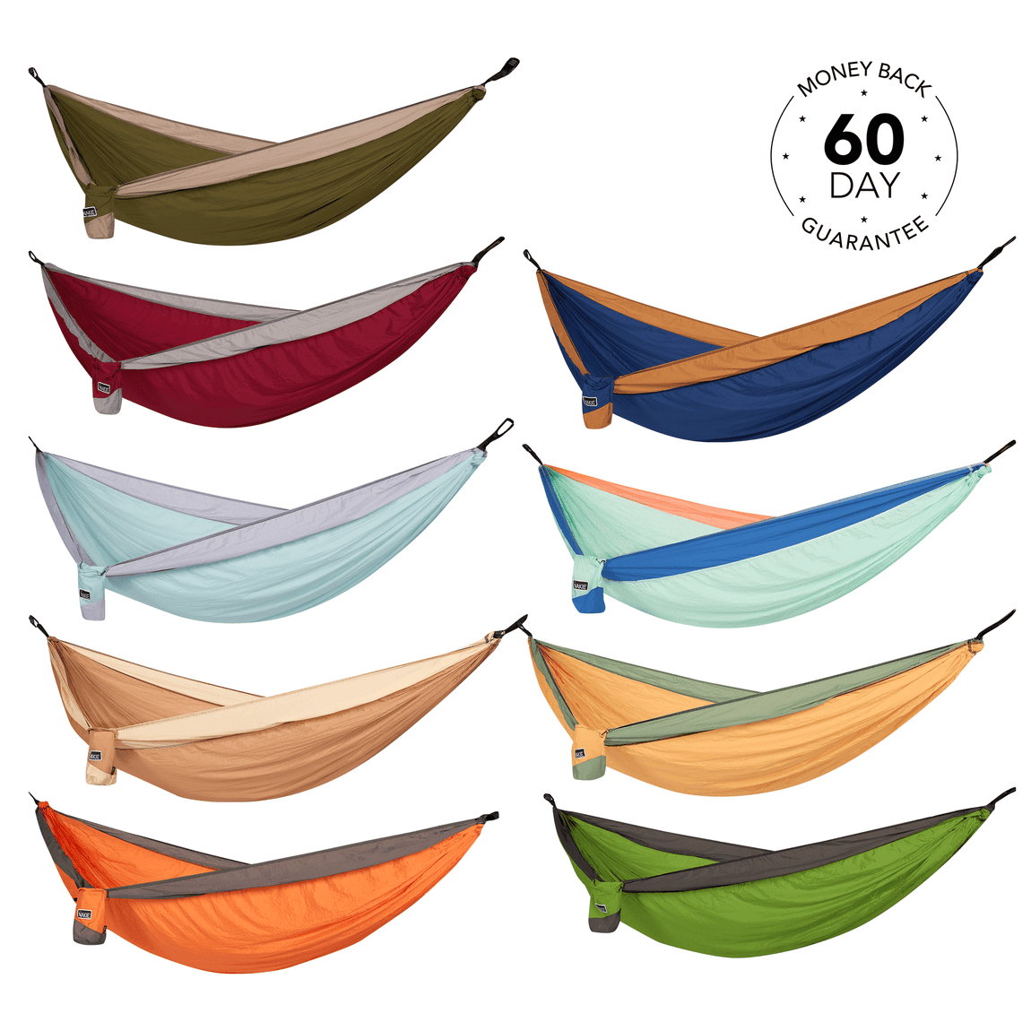 Studio shots featuring Nakie's hammocks in all available colors, showcasing their vibrant hues and durable design for comfortable outdoor relaxation and leisure