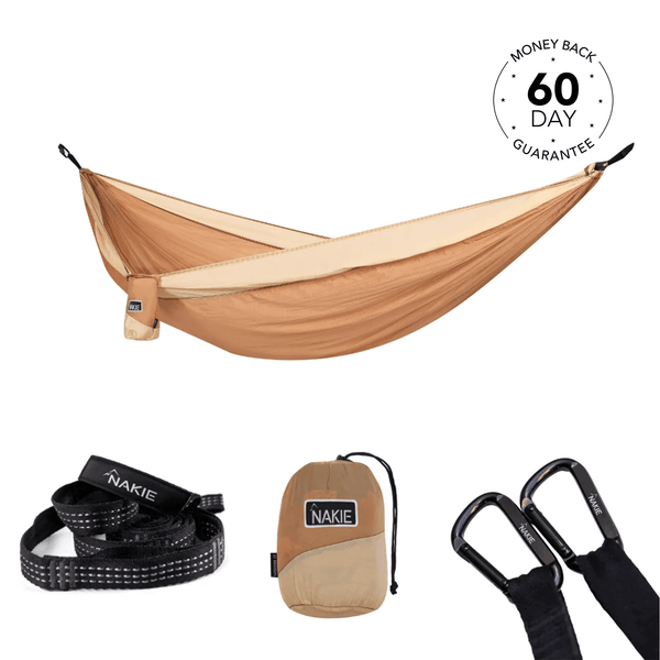 Studio shot of Nakie's hammock in a serene forest setting