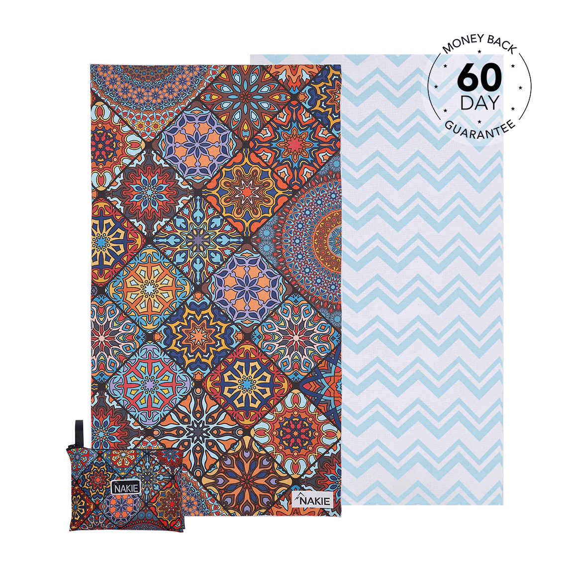 Recycled sand-free beach towel with ornate mandala pattern in orange, blue, and red, shown folded with matching pouch