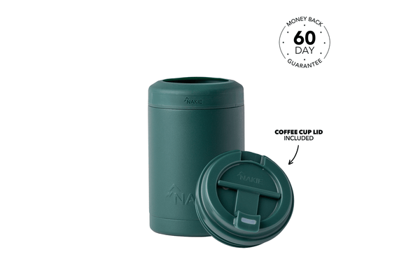 Jungle green insulated coffee cup with matching slide-lock lid, front view