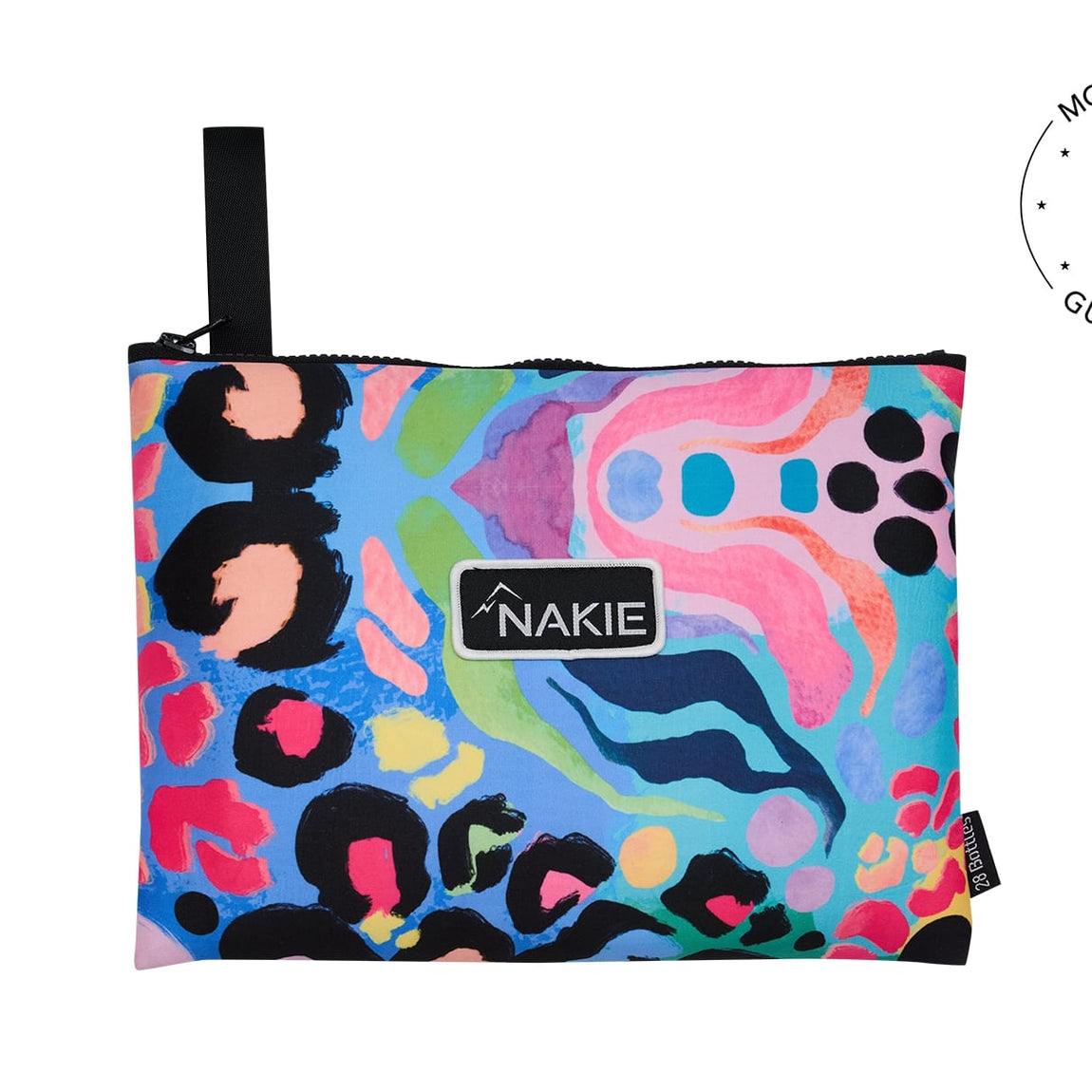 Kasey Rainbow recycled beach towel with colorful abstract pattern, black handle, and Nakie logo label.