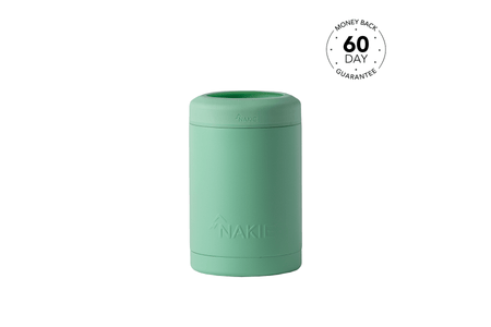Mint green insulated coffee cup with lid, cylindrical design and embossed Nakie branding