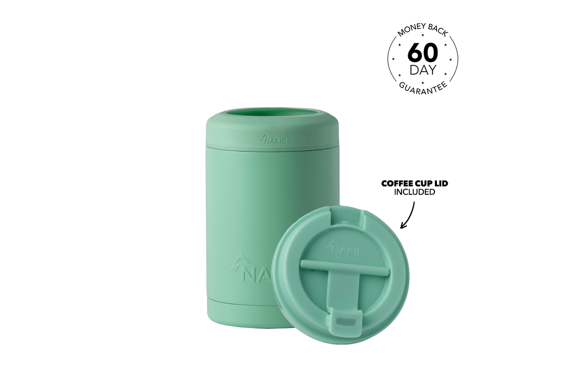 Mint green insulated coffee cup with matching lid featuring flip-top design and NAKIE branding