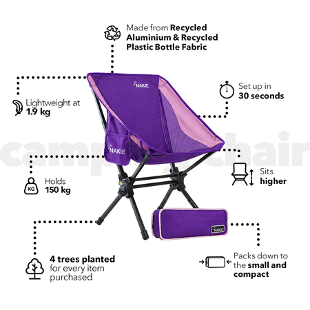 Mulberry Purple camping chair features: recycled aluminium, 1.9 kg, holds 150 kg, 30 second set up