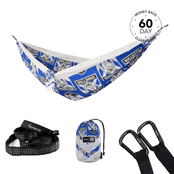 Nakie Hammock with bulldog NRL design, straps, and carrying bag on a white background