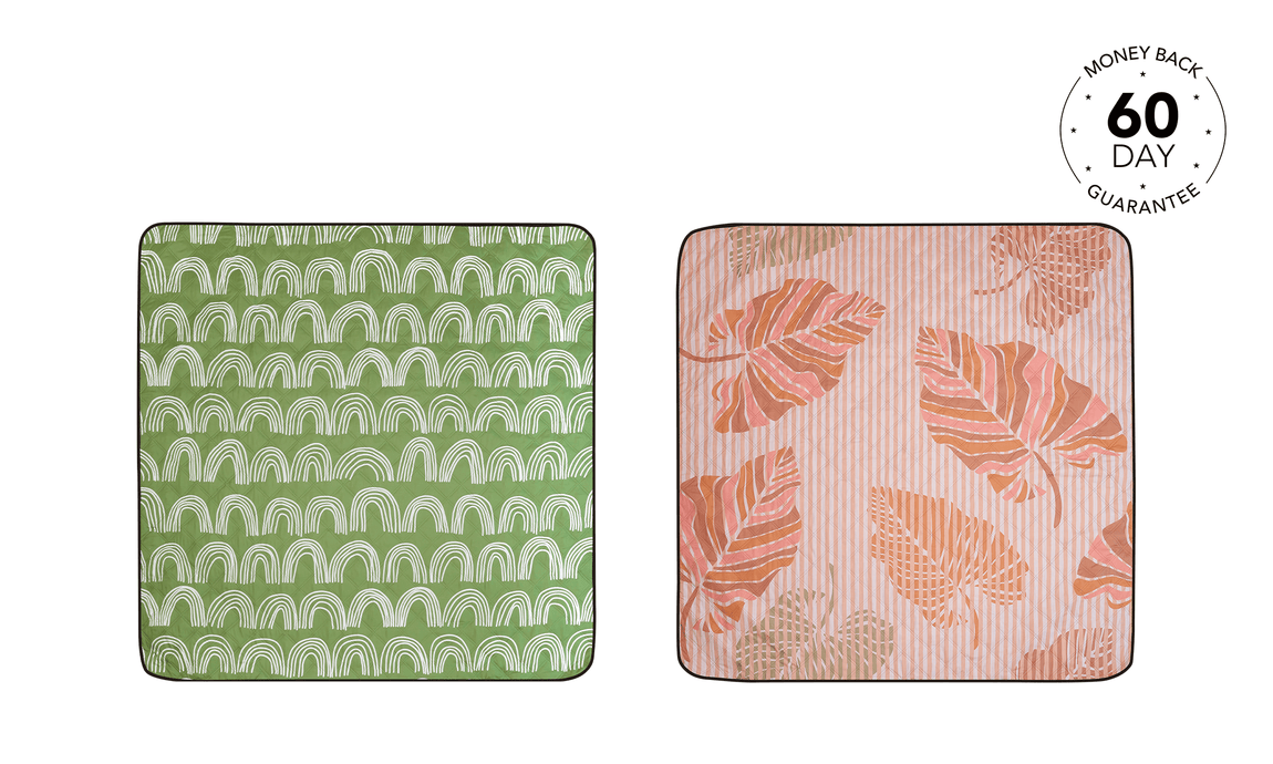 Studio shot presenting a duo of Nakie's picnic blankets, highlighting their vibrant patterns and eco-friendly design, ideal for outdoor picnics and adventures