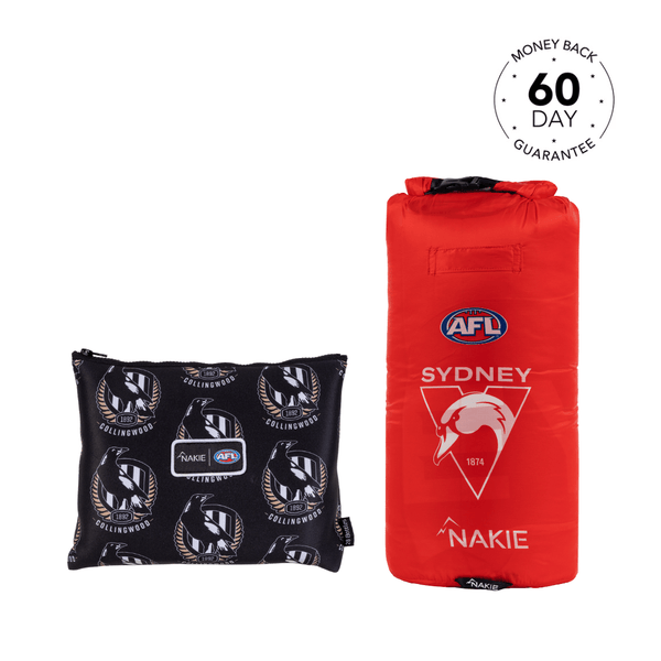 AFL Towel & Puffy Blanket Combo showing black Collingwood cushion pillow and red Sydney Swans dry bag with logo branding.